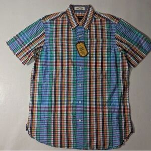 NEW Size M Mens Cremieux Indian Madras Short Sleeve Button Shirt Orange Plaid